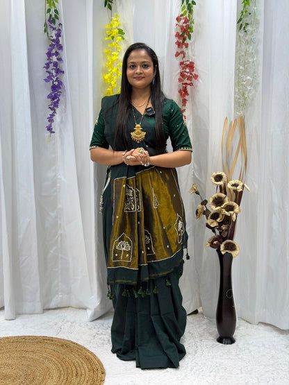Emerald Green Traditional Drape Saree Set with Handcrafted Dupatta