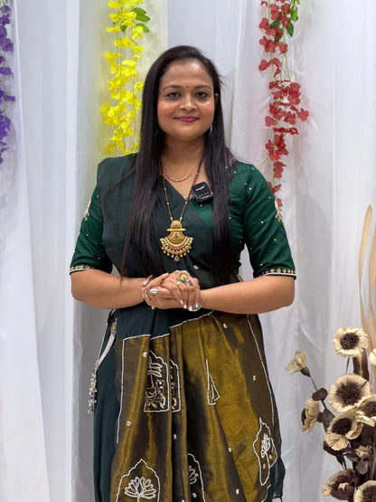 Emerald Green Traditional Drape Saree Set with Handcrafted Dupatta