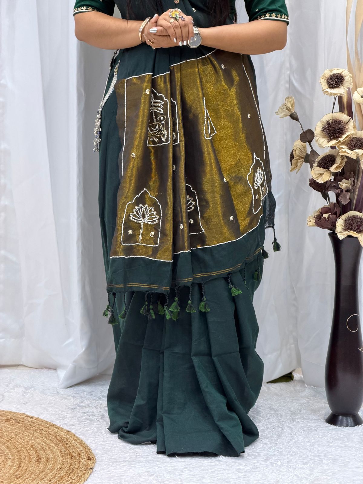 Emerald Green Traditional Drape Saree Set with Handcrafted Dupatta