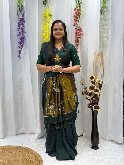 Emerald Green Traditional Drape Saree Set with Handcrafted Dupatta