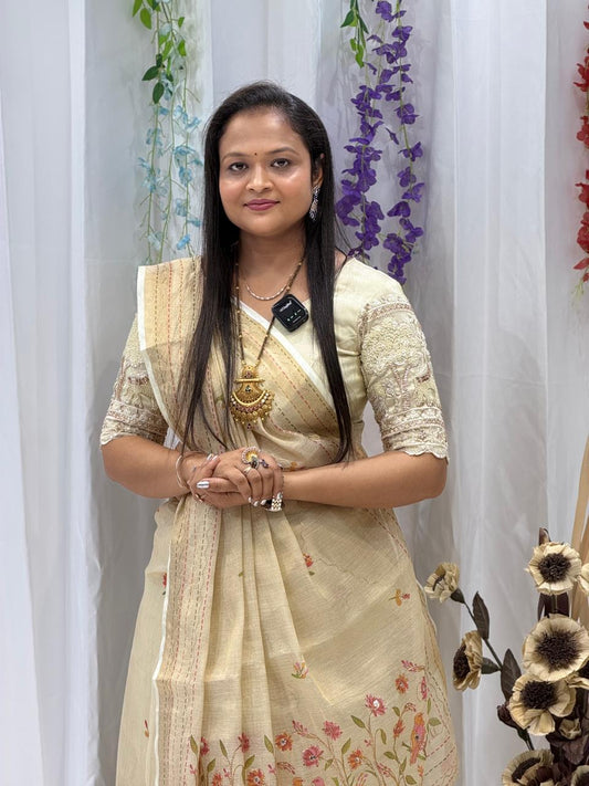 Premium Ivory Hand-Painted Floral Linen Saree with Designer Blouse | Elegant Festive & Office Wear