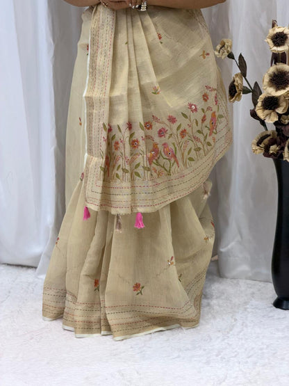 Premium Ivory Hand-Painted Floral Linen Saree with Designer Blouse | Elegant Festive & Office Wear