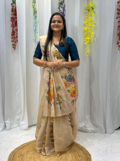 Premium Hand-Painted Floral Linen Saree with Royal Blue Blouse | Elegant Festive & Office Wear