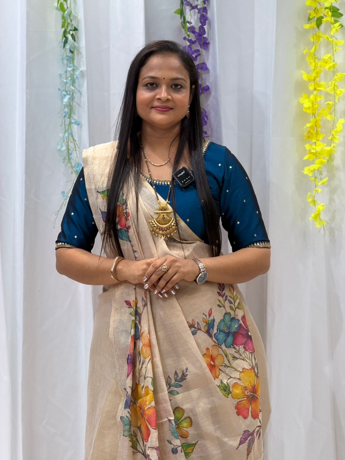 Premium Hand-Painted Floral Linen Saree with Royal Blue Blouse | Elegant Festive & Office Wear