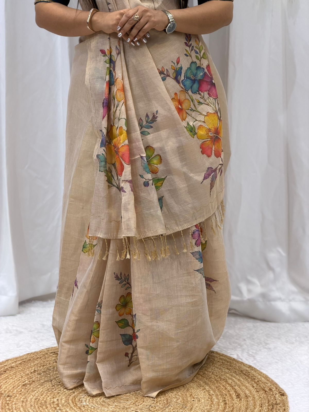 Premium Hand-Painted Floral Linen Saree with Royal Blue Blouse | Elegant Festive & Office Wear