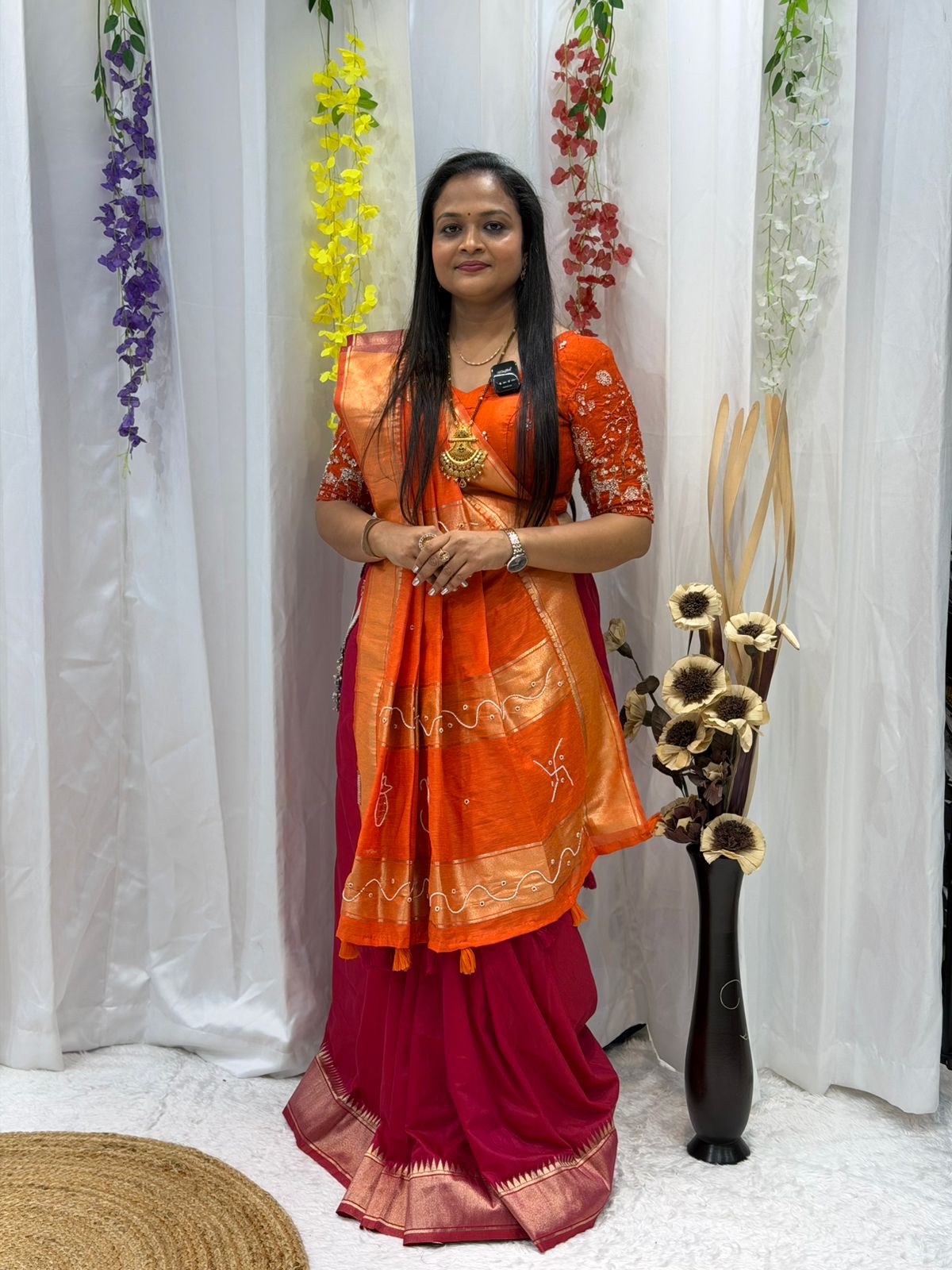 Premium Magenta Linen Saree with Orange Hand-Painted Pallu & Designer Blouse | Festive & Traditional Wear