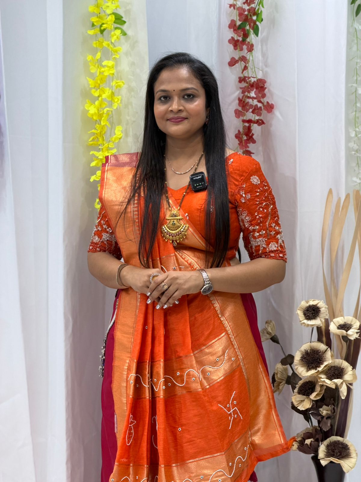 Premium Magenta Linen Saree with Orange Hand-Painted Pallu & Designer Blouse | Festive & Traditional Wear