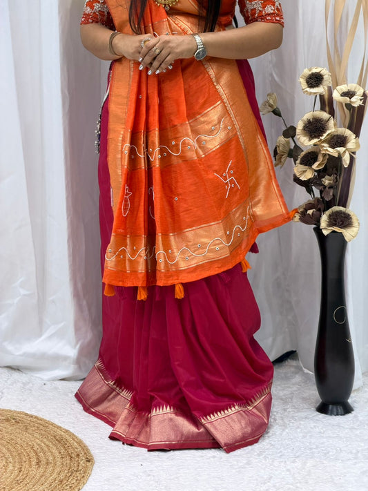 Premium Magenta Linen Saree with Orange Hand-Painted Pallu & Designer Blouse | Festive & Traditional Wear