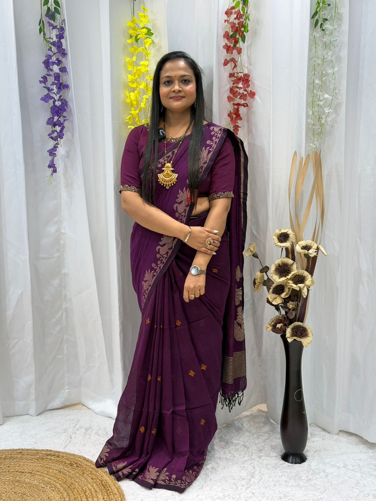 Premium Deep Purple Linen Saree with Woven Floral Border | Elegant Traditional & Festive Wear for Women