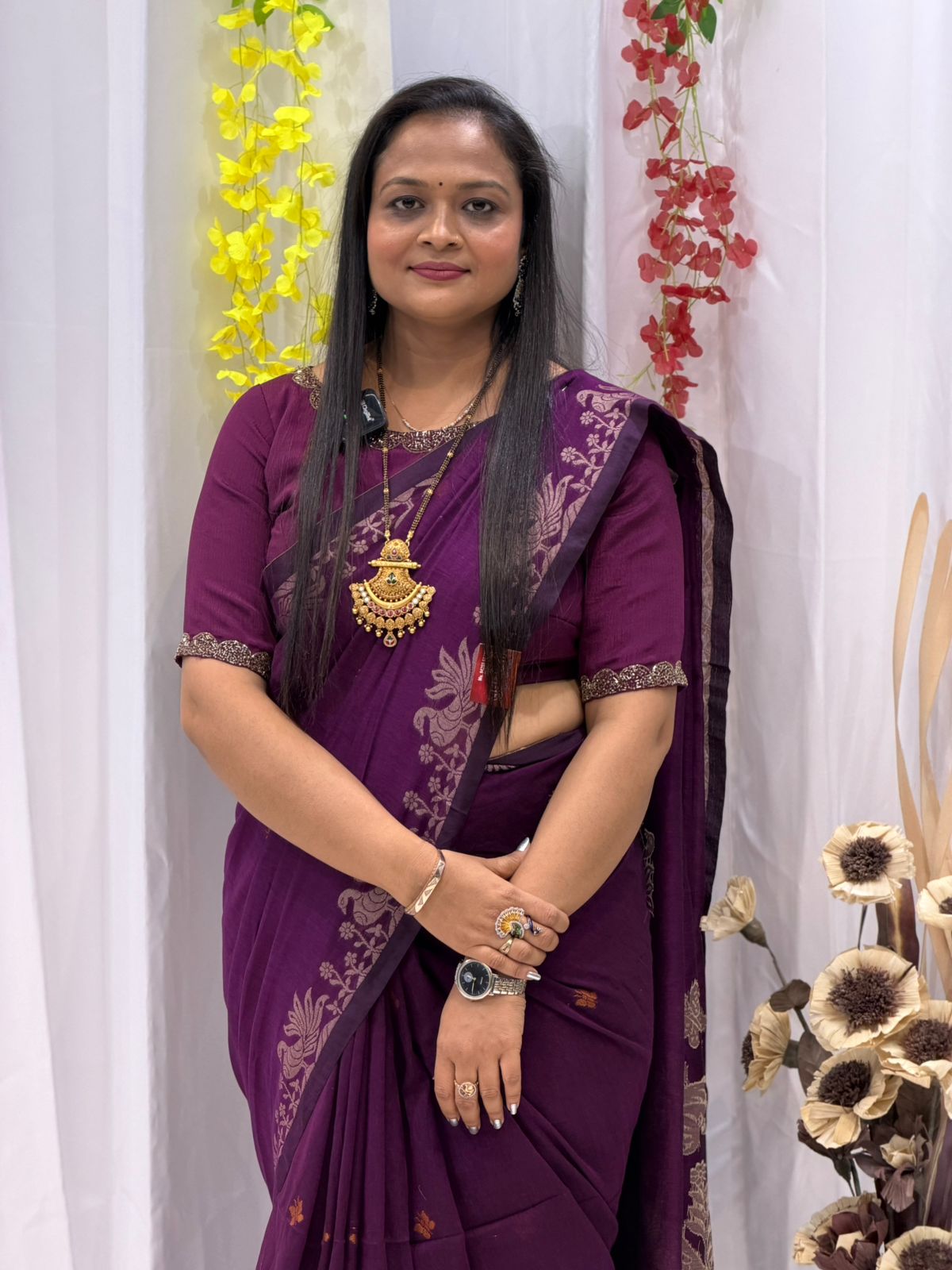 Premium Deep Purple Linen Saree with Woven Floral Border | Elegant Traditional & Festive Wear for Women