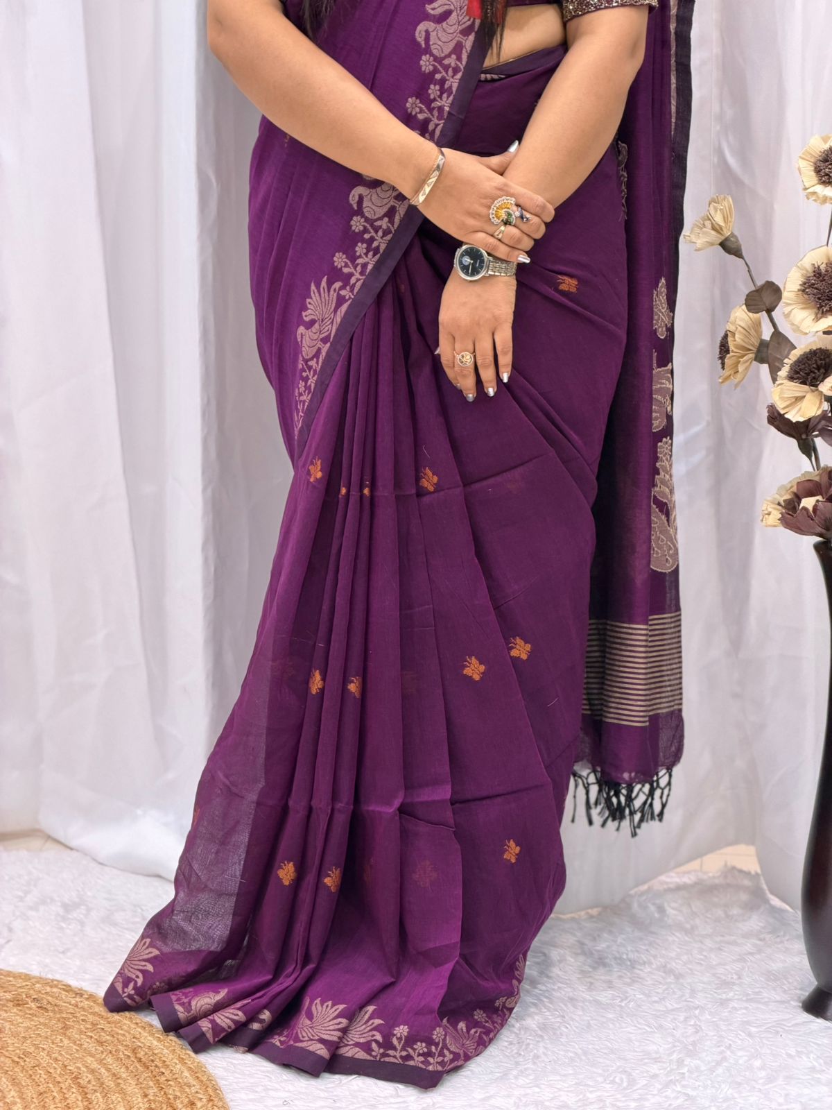 Premium Deep Purple Linen Saree with Woven Floral Border | Elegant Traditional & Festive Wear for Women