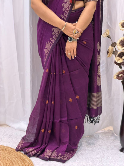 Premium Deep Purple Linen Saree with Woven Floral Border | Elegant Traditional & Festive Wear for Women