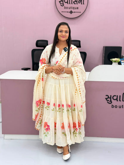 Women’s Pink Floral Printed Tiered Anarkali Dress