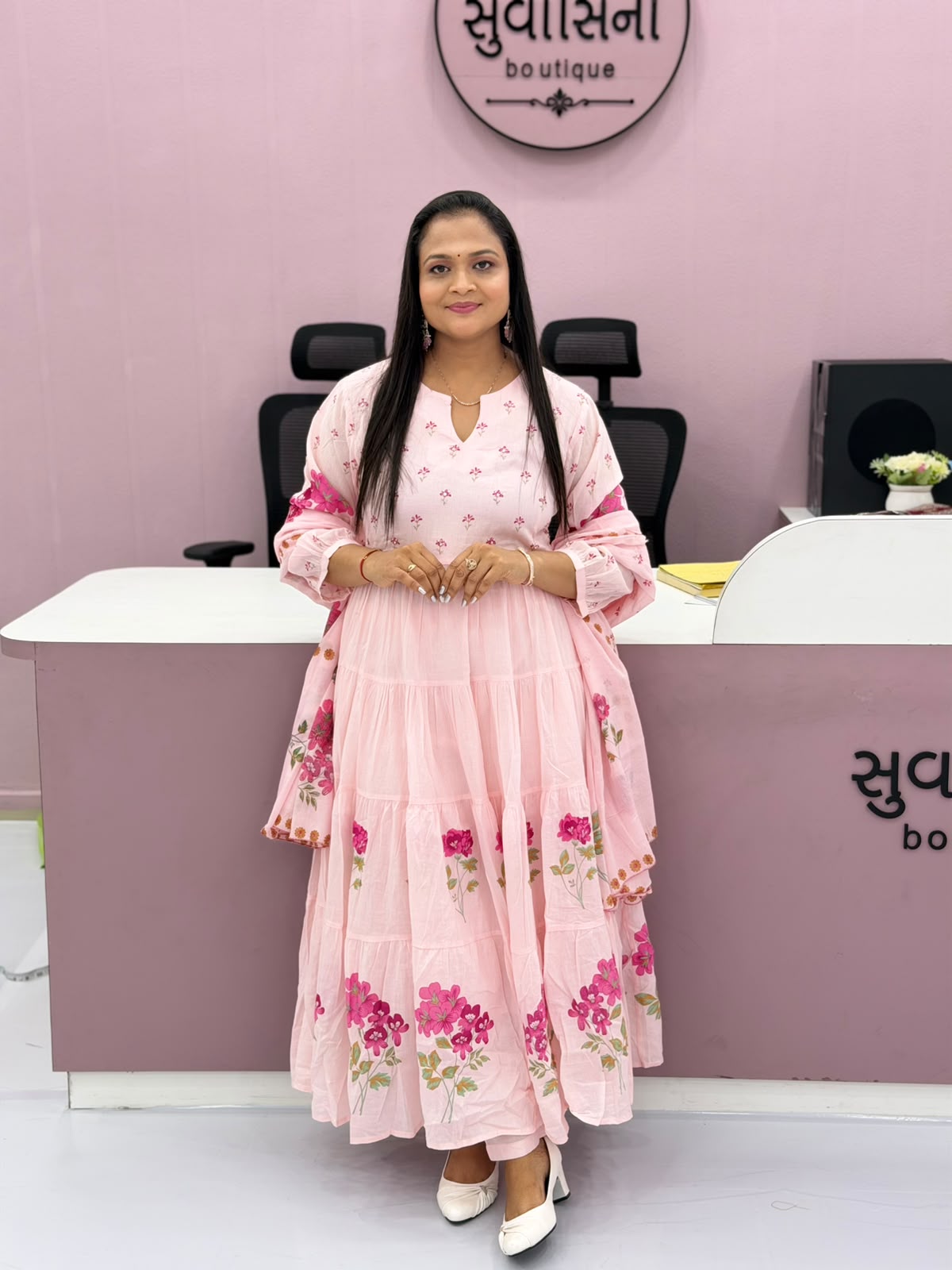 Women’s Pink Floral Printed Tiered Anarkali Dress