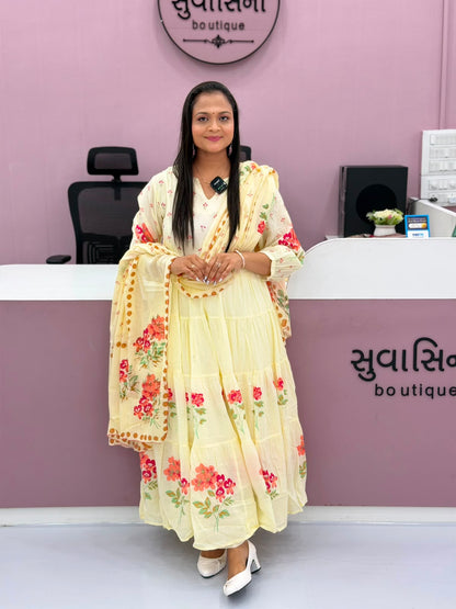 Women’s Pink Floral Printed Tiered Anarkali Dress