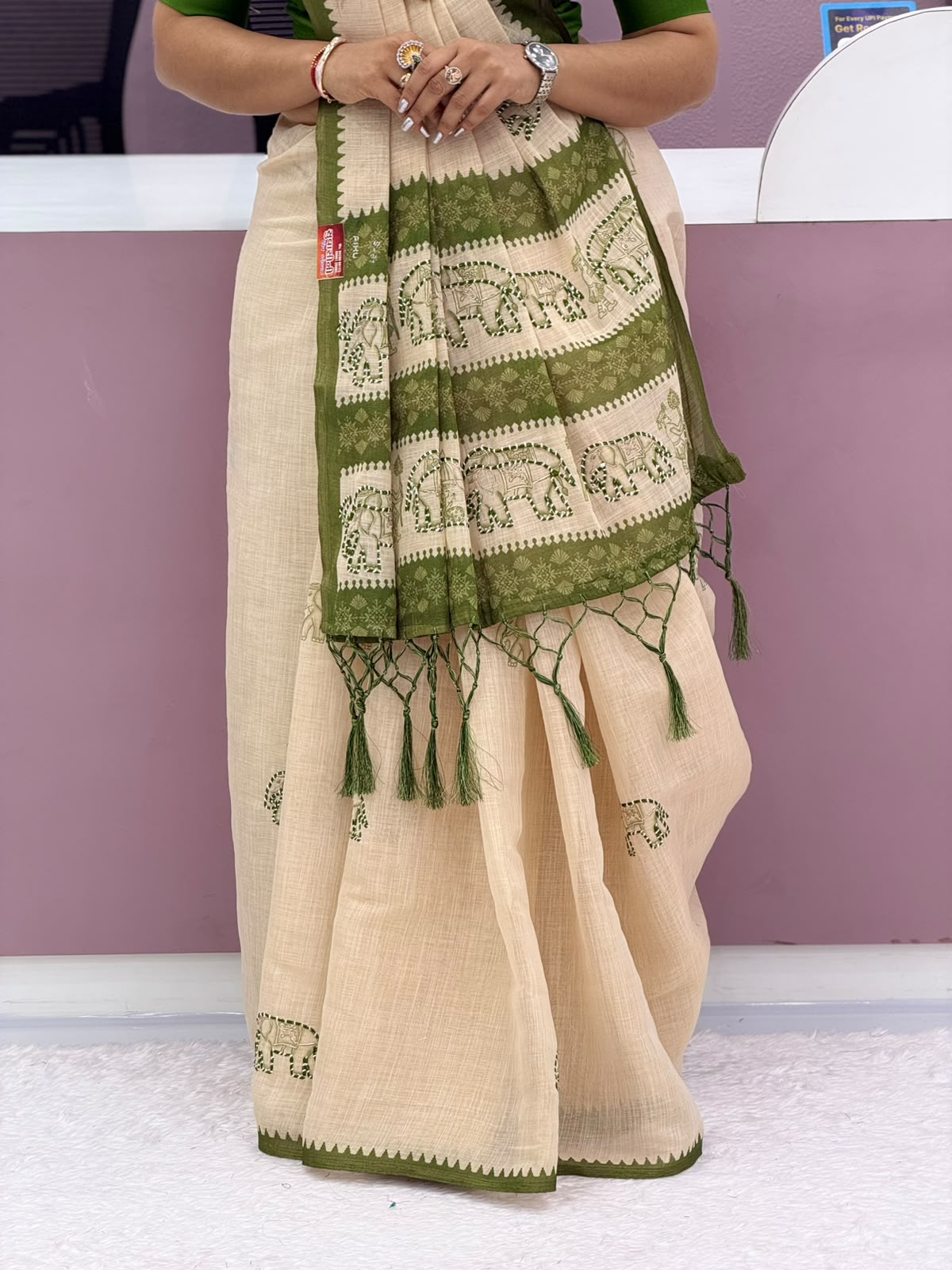 Ivory & Olive Green Elephant Motif Saree
