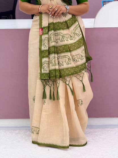 Ivory & Olive Green Elephant Motif Saree