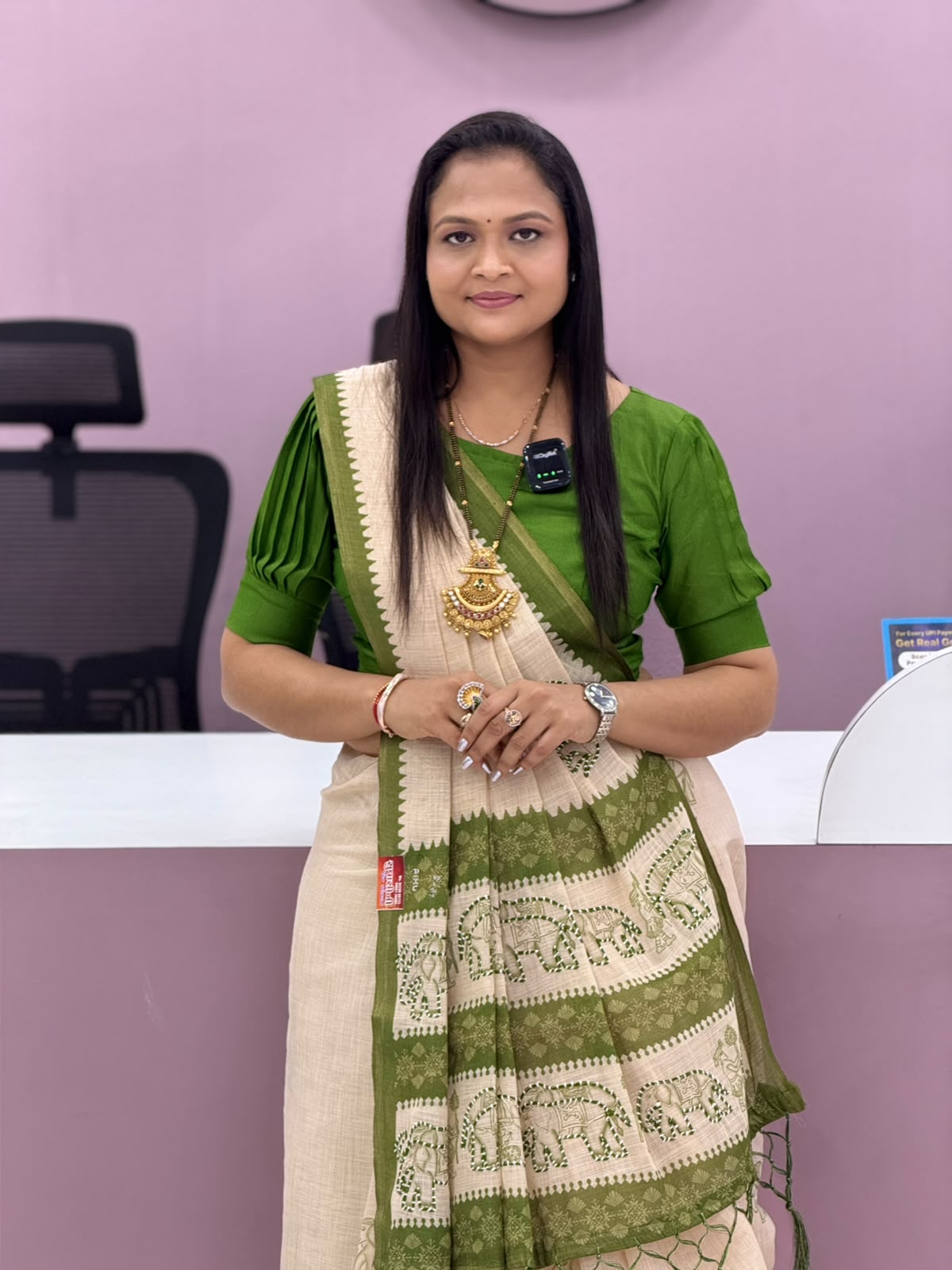 Ivory & Olive Green Elephant Motif Saree