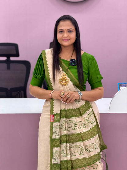 Ivory & Olive Green Elephant Motif Saree