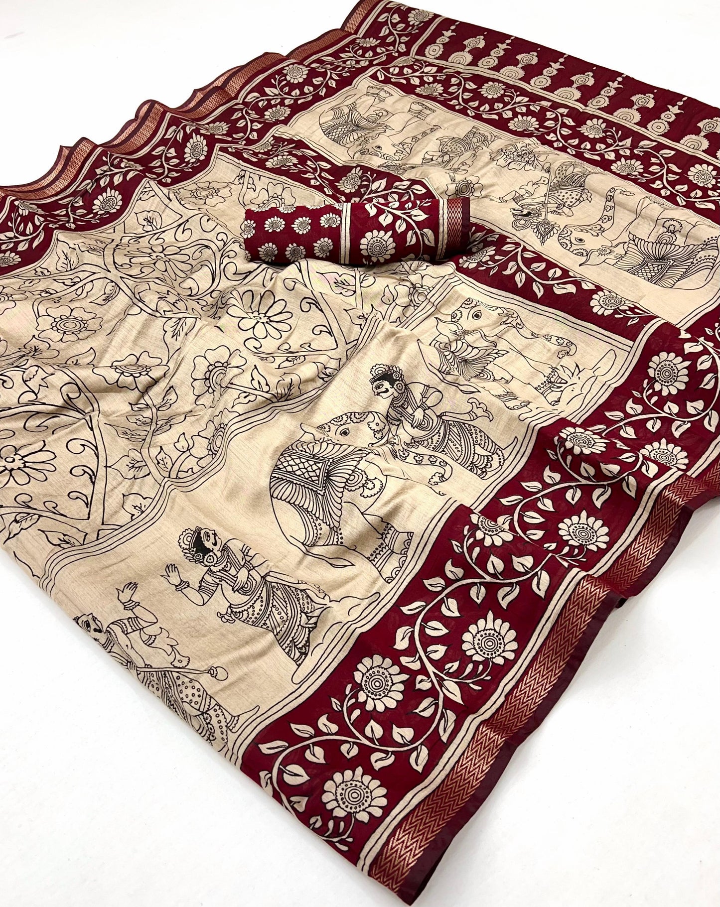 Heritage Style Kalamkari Design Saree with Floral Border