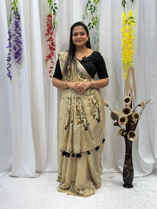 Minimalist Beige Printed Saree with Contemporary Charm