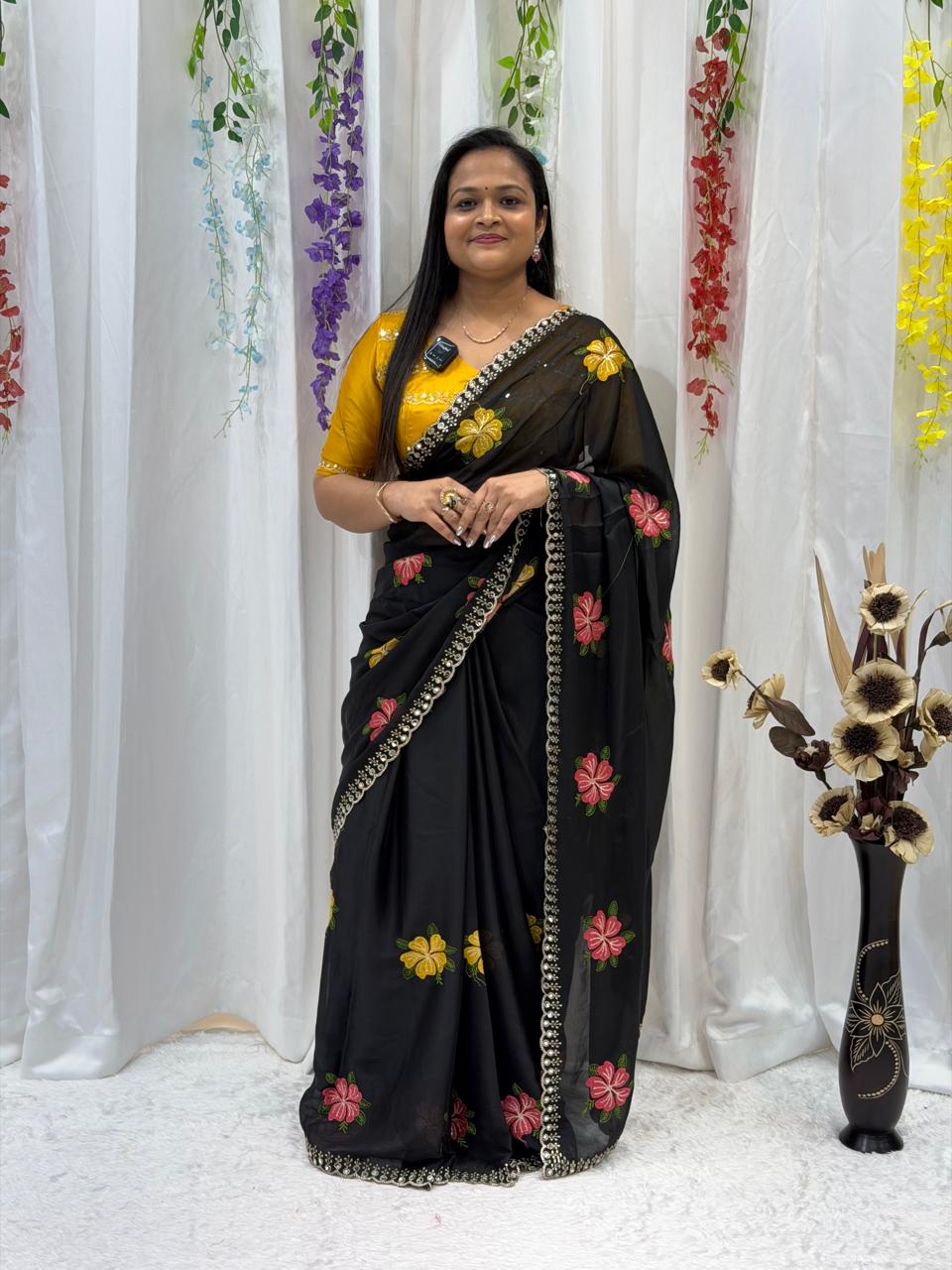 Elegant Cream Floral Embroidered Soft Saree