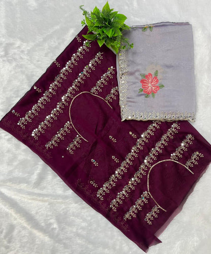 Elegant Cream Floral Embroidered Soft Saree