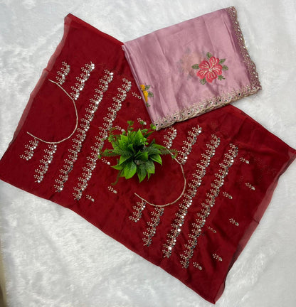 Elegant Cream Floral Embroidered Soft Saree