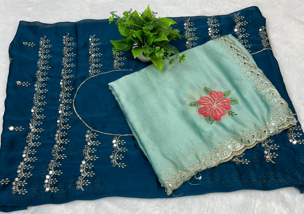 Elegant Cream Floral Embroidered Soft Saree