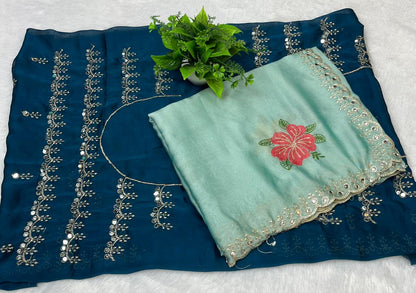 Elegant Cream Floral Embroidered Soft Saree