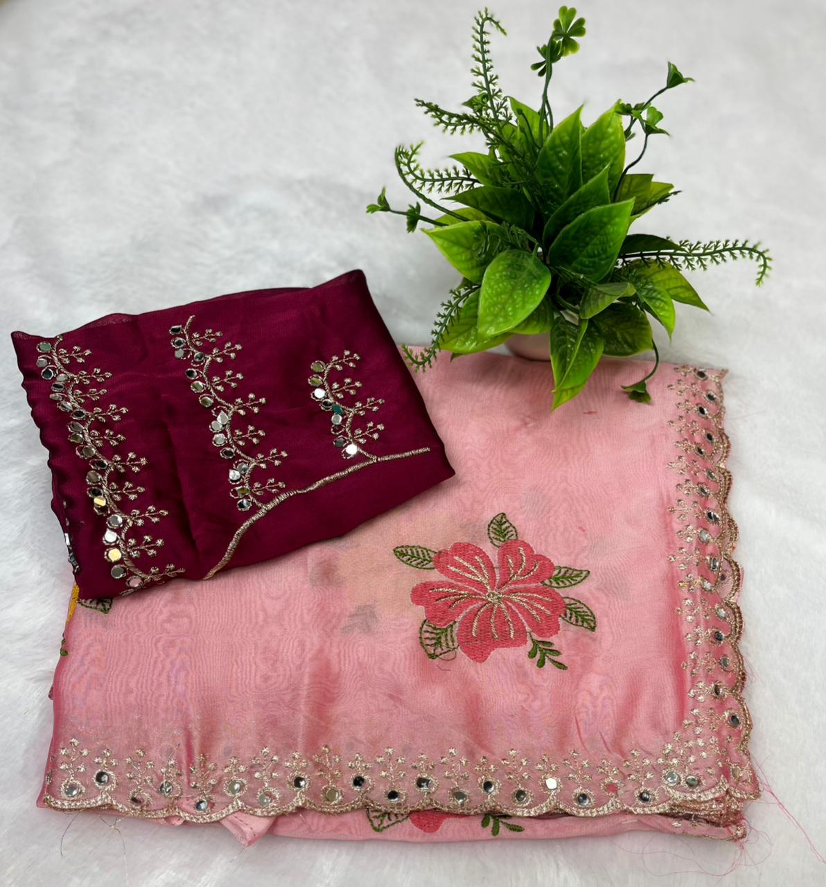 Elegant Cream Floral Embroidered Soft Saree