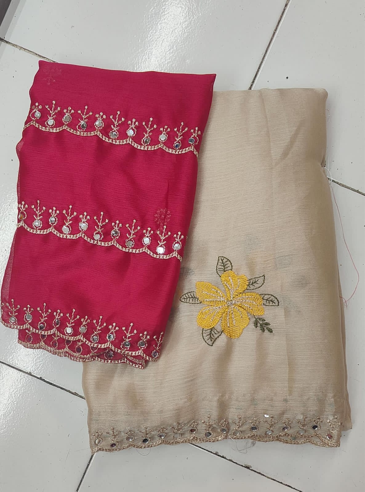 Elegant Cream Floral Embroidered Soft Saree