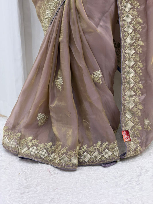 Elegant Taupe Brown Silk Saree with Rich Golden Zari Border & Designer Pallu