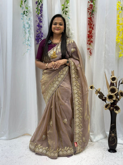 Elegant Taupe Brown Silk Saree with Rich Golden Zari Border & Designer Pallu