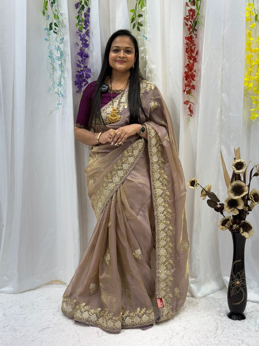Elegant Taupe Brown Silk Saree with Rich Golden Zari Border & Designer Pallu