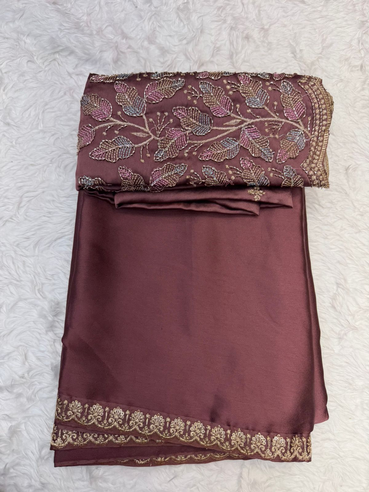 Elegant Dusty Rose Silk Satin Saree with Minimal Gold Border & Designer Blouse