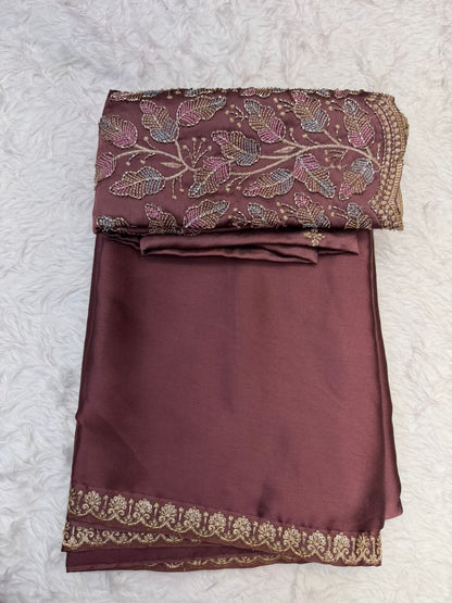 Elegant Dusty Rose Silk Satin Saree with Minimal Gold Border & Designer Blouse