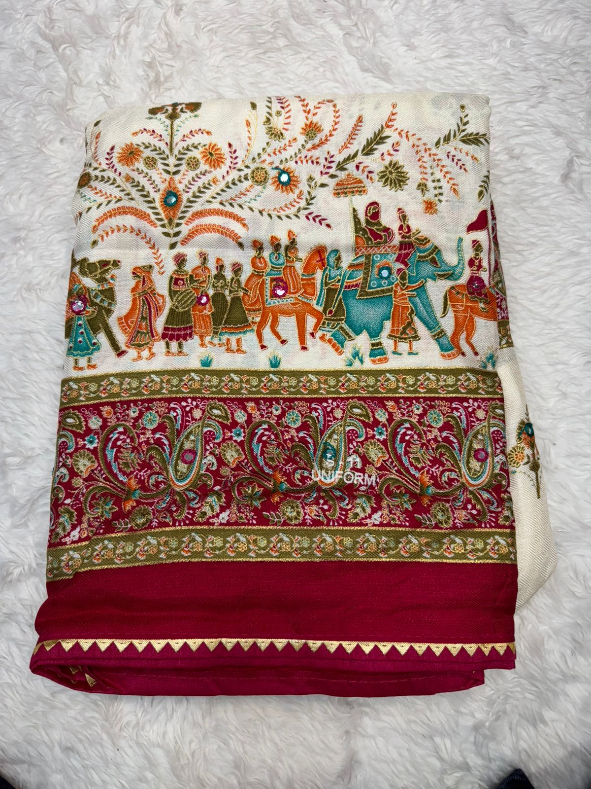 Royal Cream & Rani Pink Printed Saree with Traditional Elephant Border & Rich Pallu