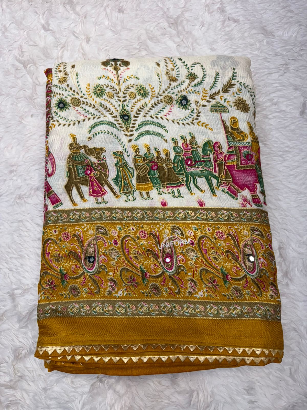 Royal Cream & Rani Pink Printed Saree with Traditional Elephant Border & Rich Pallu