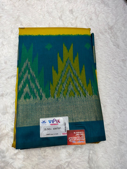 Elegant Teal & Mustard Yellow Soft Cotton Silk Saree with Traditional Ikat Design