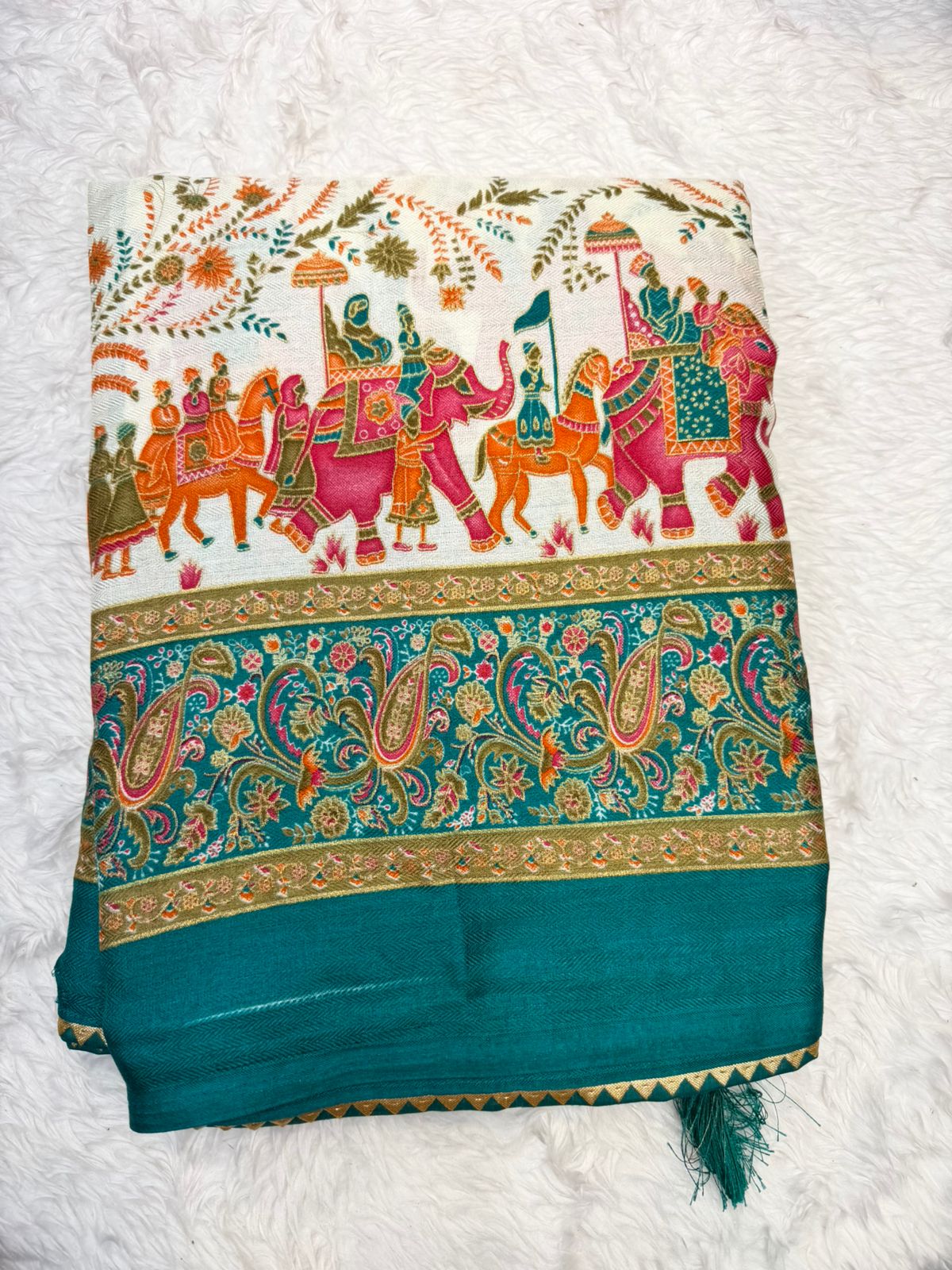 Royal Cream & Rani Pink Printed Saree with Traditional Elephant Border & Rich Pallu