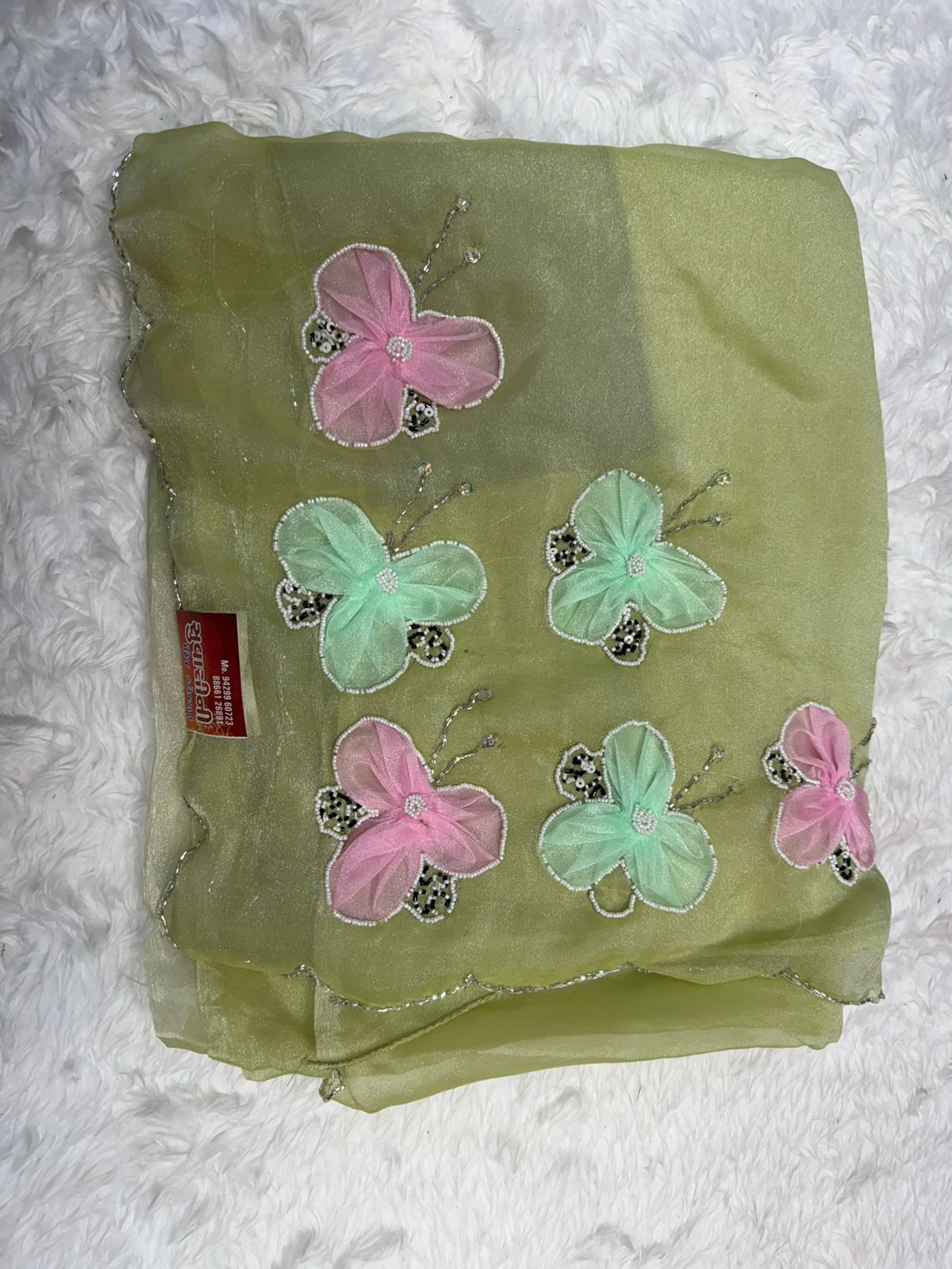 Pastel Green Butterfly Embroidered Saree – Elegant Soft Organza Party Wear