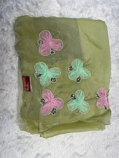 Pastel Green Butterfly Embroidered Saree – Elegant Soft Organza Party Wear