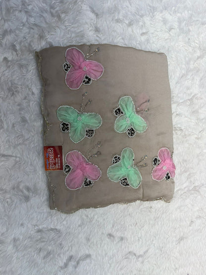 Pastel Green Butterfly Embroidered Saree – Elegant Soft Organza Party Wear