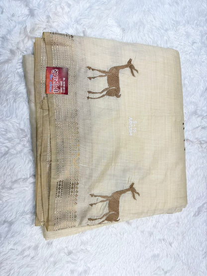 Peach Soft Cotton Saree with Minimal Deer Print & Elegant Border