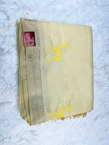 Peach Soft Cotton Saree with Minimal Deer Print & Elegant Border