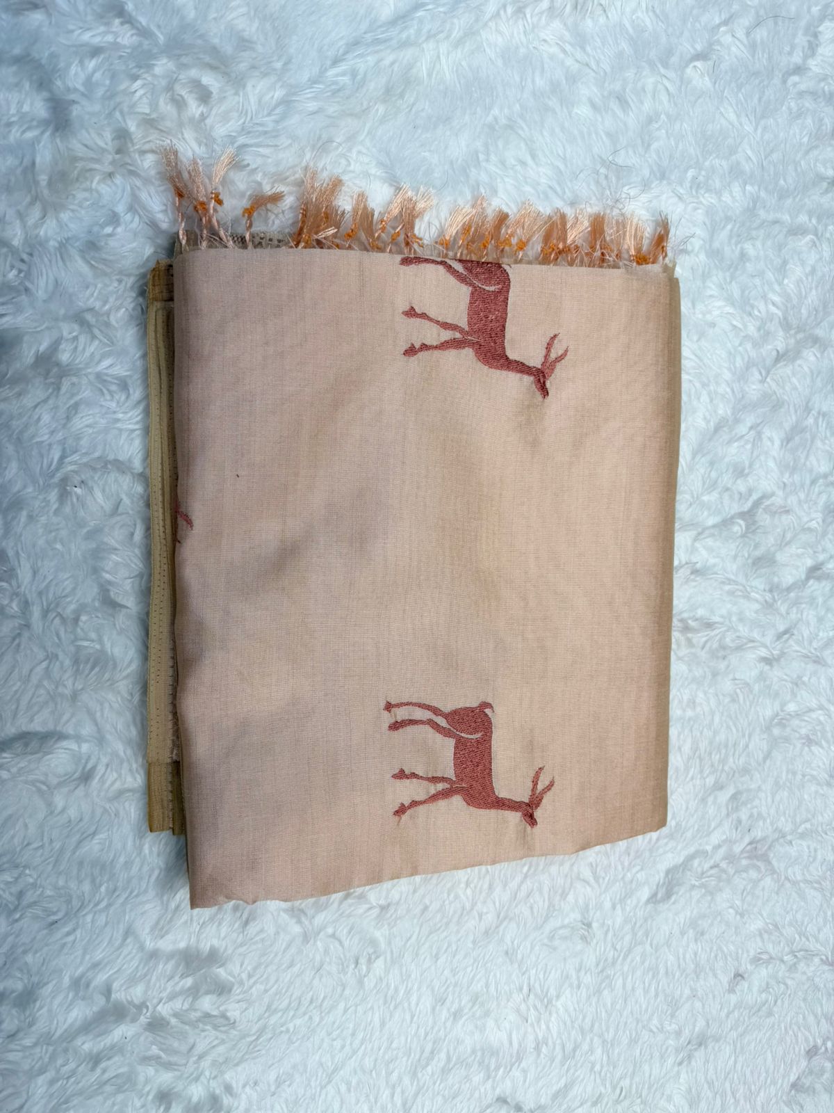 Peach Soft Cotton Saree with Minimal Deer Print & Elegant Border