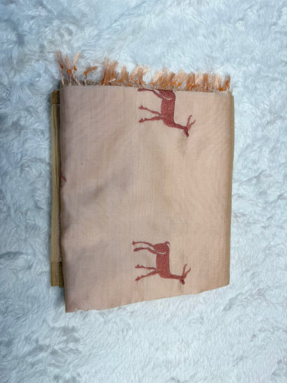 Peach Soft Cotton Saree with Minimal Deer Print & Elegant Border