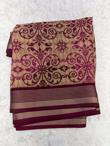 Royal Beige & Maroon Printed Saree with Elegant Traditional Motifs & Rich Border