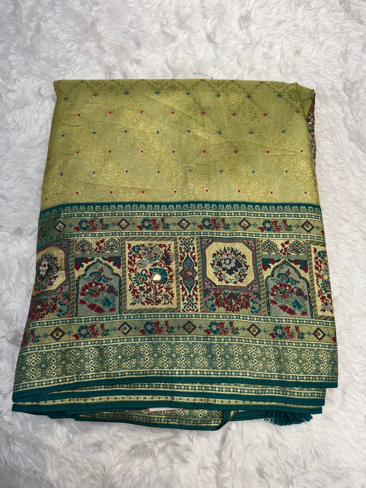 Elegant Beige & Red Banarasi Style Silk Saree with Rich Woven Pallu & Tassels